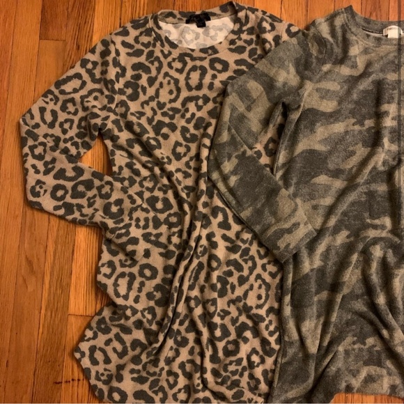 FOREVER 21 Set of 2 Pilled Fleece Tunic Top Long Sleeve Leopard Print Camo - Picture 2 of 5